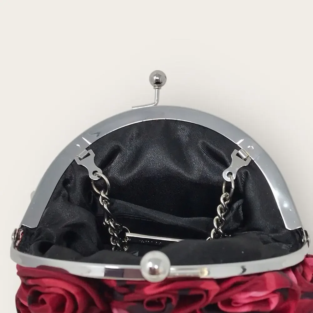 WHBM Rose Embellished Clutch Purse Small Pink & Red Floral Satin Handbag - Picture 6 of 9